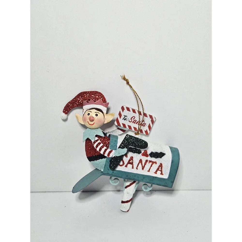 Pier 1 Imports Christmas Ornament Sparkly Elf In Mailbox Metal Tin Glitter Rare